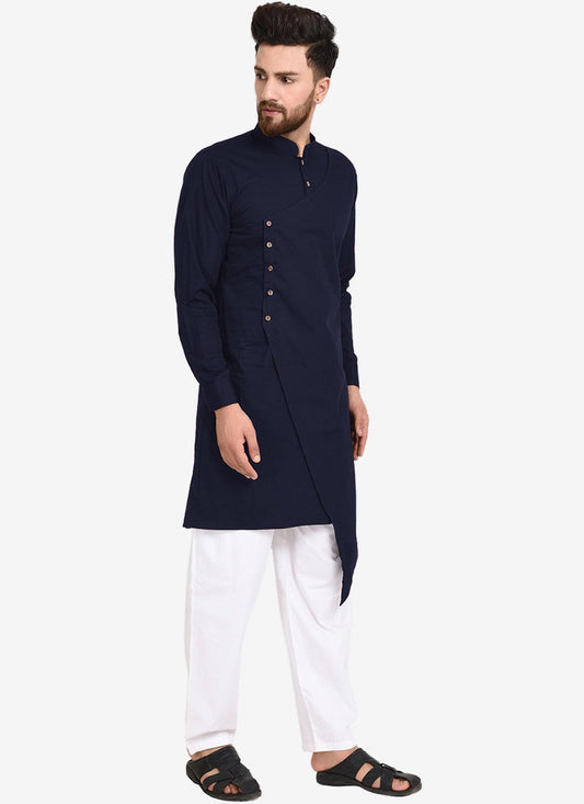 Indo Western Blended Cotton Blue Plain Mens