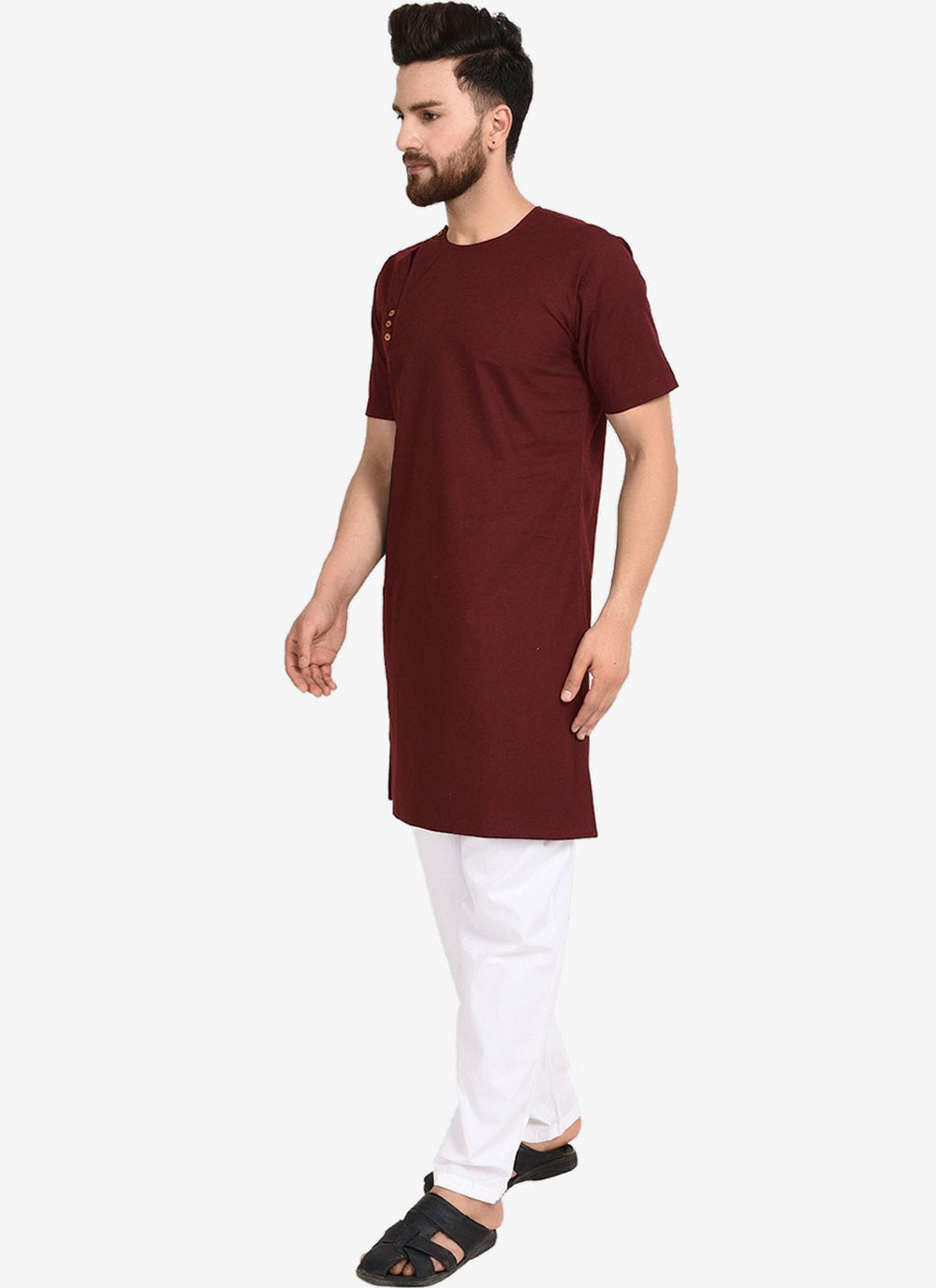 Kurta Pyjama Blended Cotton Maroon Plain Mens