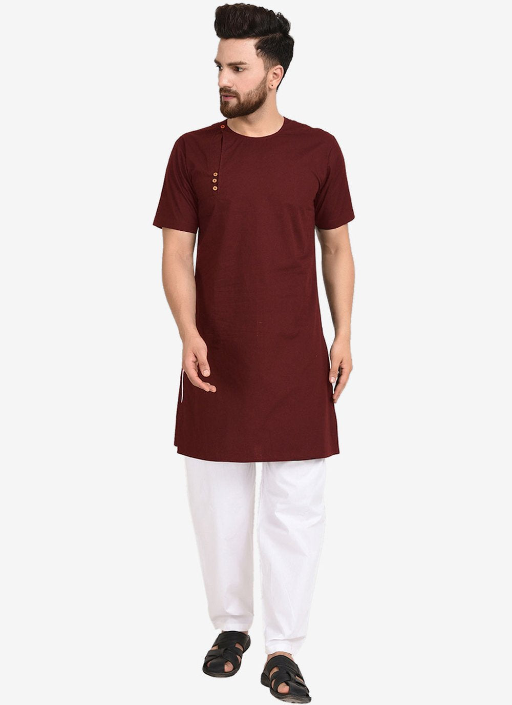 Kurta Pyjama Blended Cotton Maroon Plain Mens