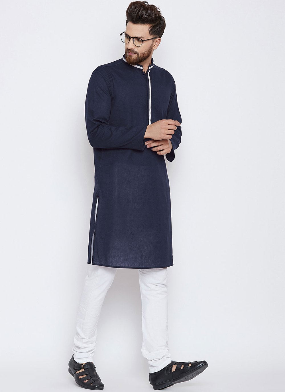 Kurta Pyjama Blended Cotton Blue Plain Mens