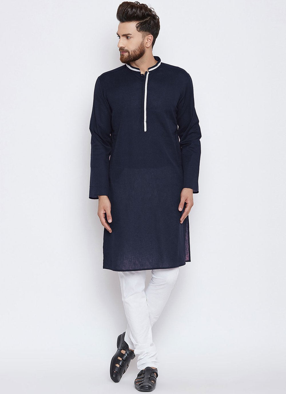 Kurta Pyjama Blended Cotton Blue Plain Mens