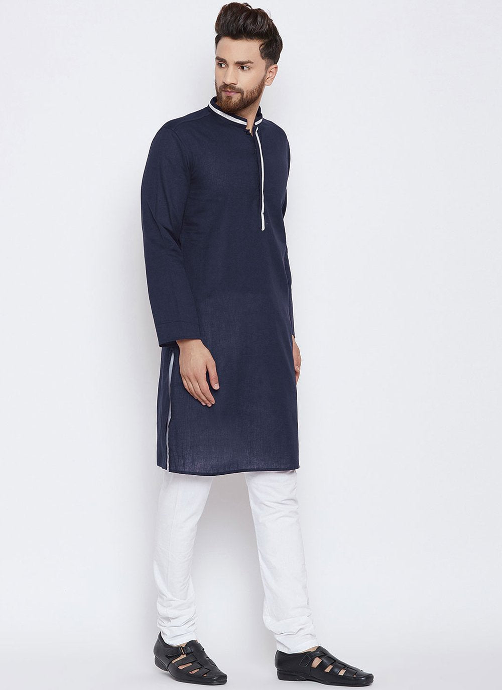 Kurta Pyjama Blended Cotton Blue Plain Mens