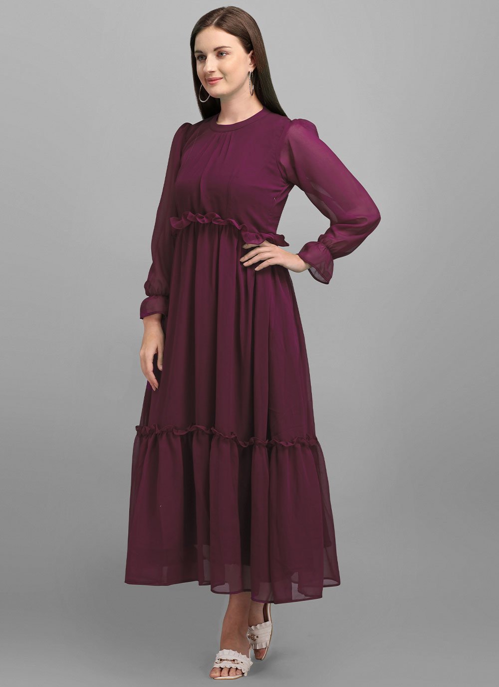 Designer Gown Georgette Burgundy Plain Gown