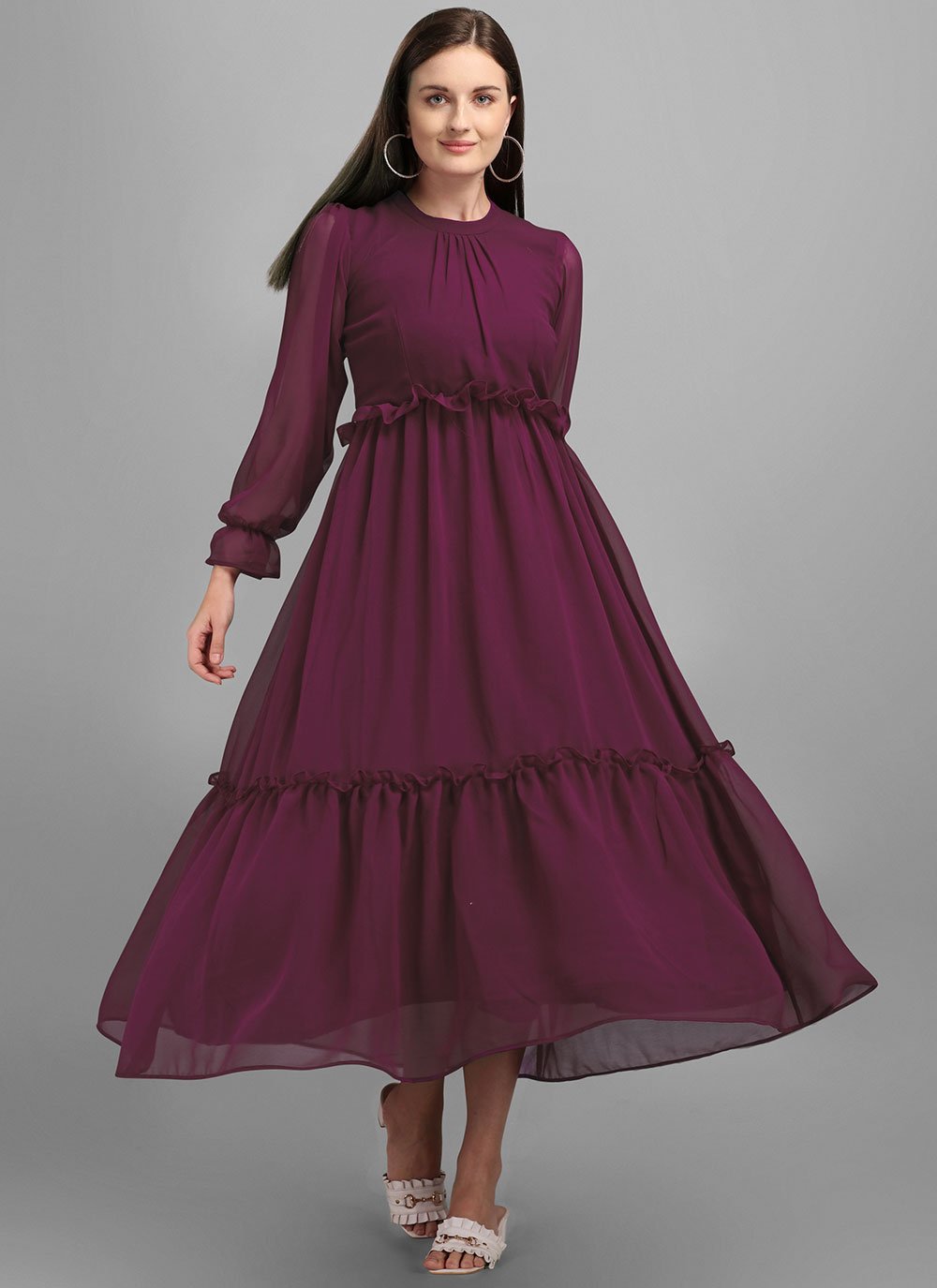 Designer Gown Georgette Burgundy Plain Gown