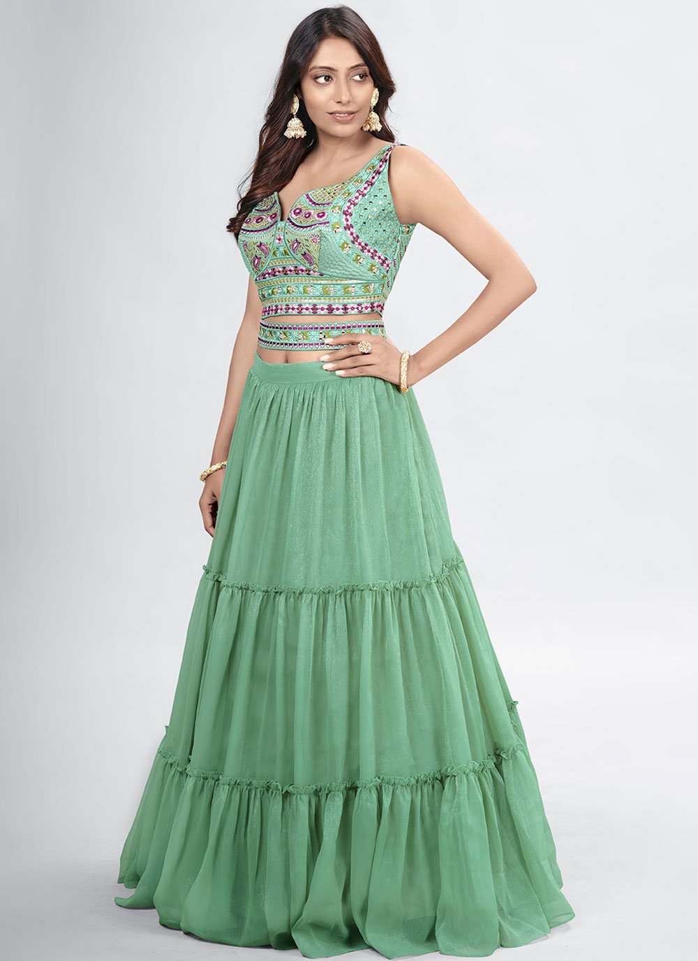 A Line Lehenga Chiffon Green Embroidered Lehenga Choli