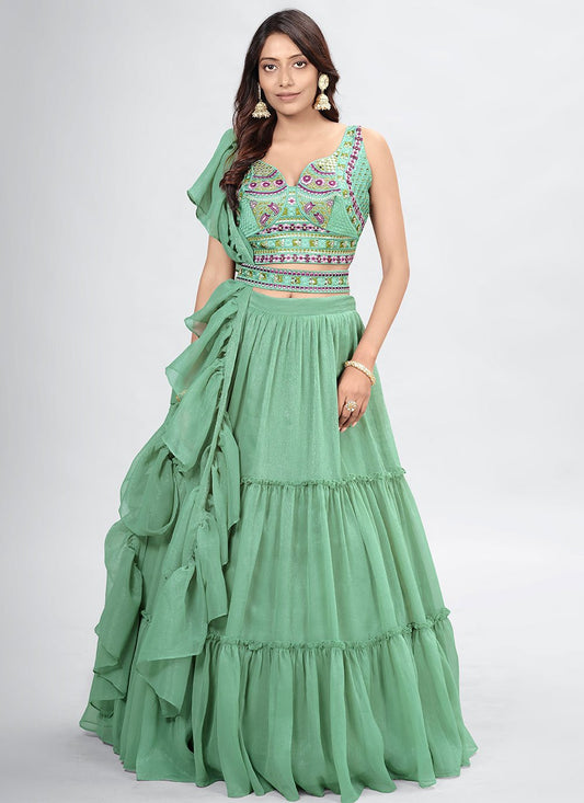 A Line Lehenga Chiffon Green Embroidered Lehenga Choli