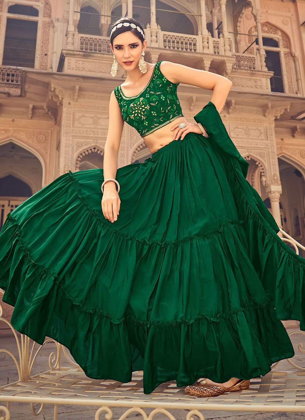 Lehenga Choli Chinon Green Plain Lehenga Choli