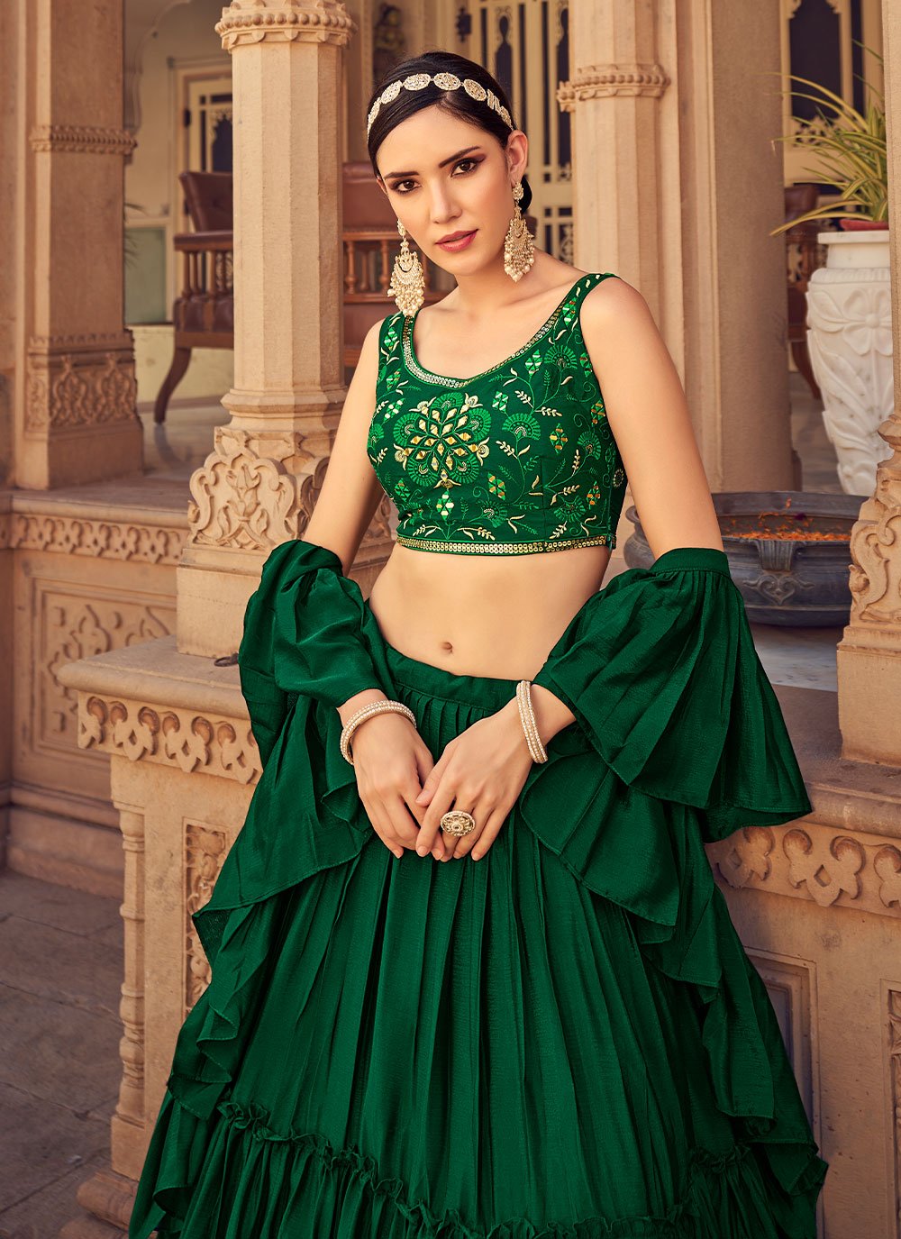 Lehenga Choli Chinon Green Plain Lehenga Choli