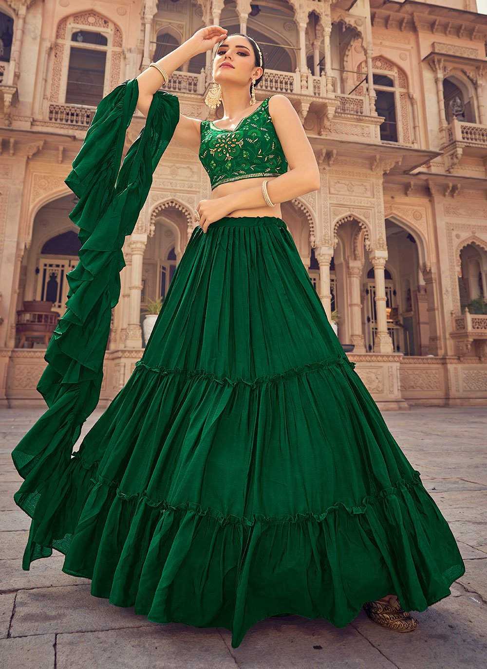 Lehenga Choli Chinon Green Plain Lehenga Choli