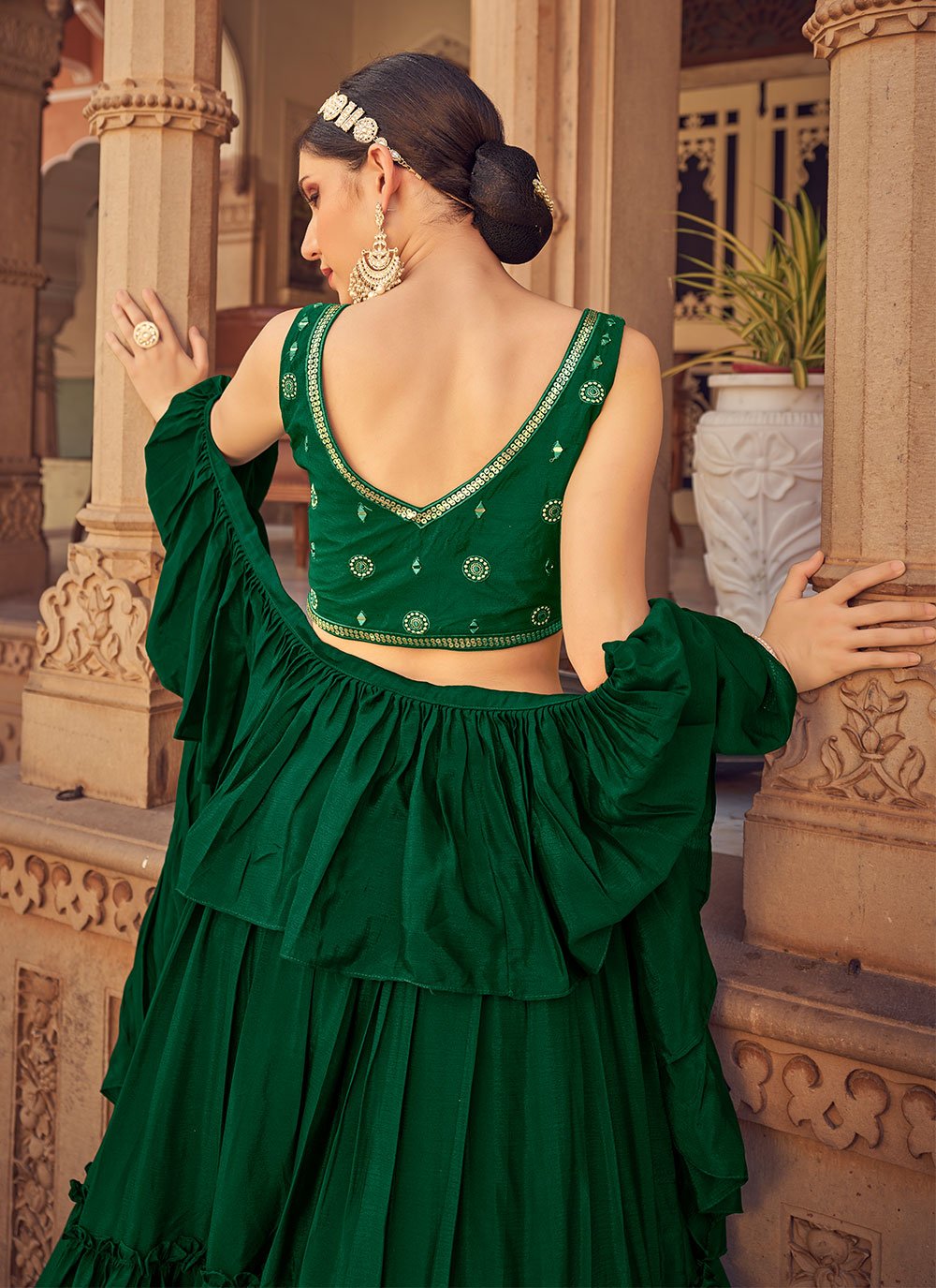 Lehenga Choli Chinon Green Plain Lehenga Choli