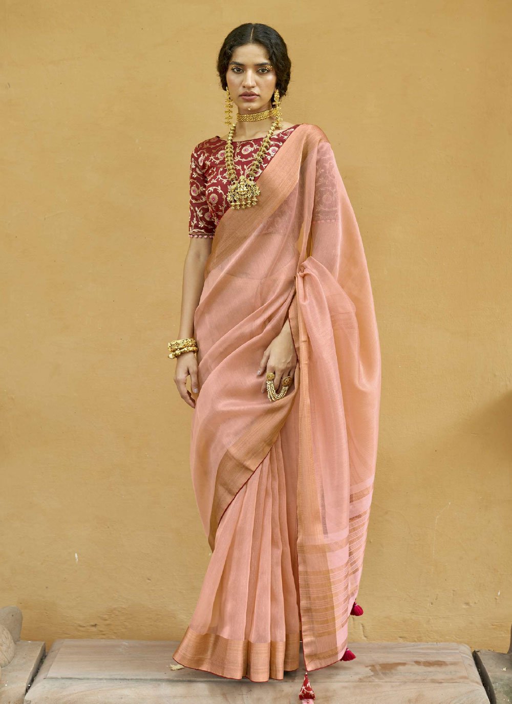 Contemporary Cotton Peach Plain Saree