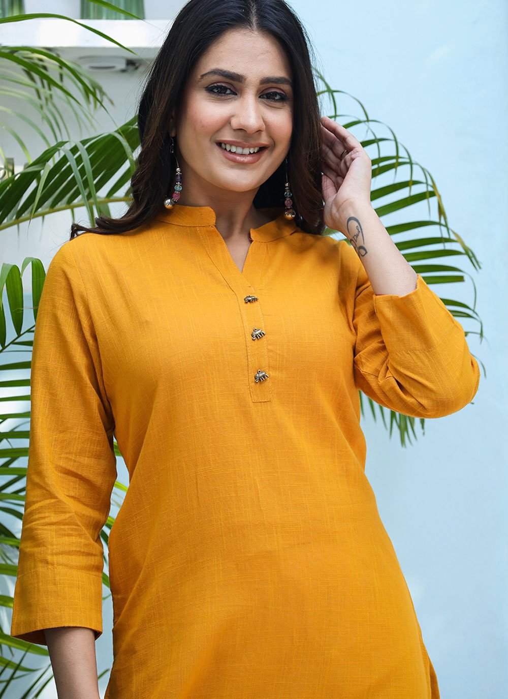 Designer Kurti Cotton Mustard Plain Kurtis Kajols Indian Pakistani Fashion Tailoring