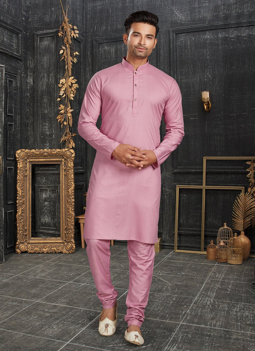 Kurta Pyjama Cotton Pink Plain Mens