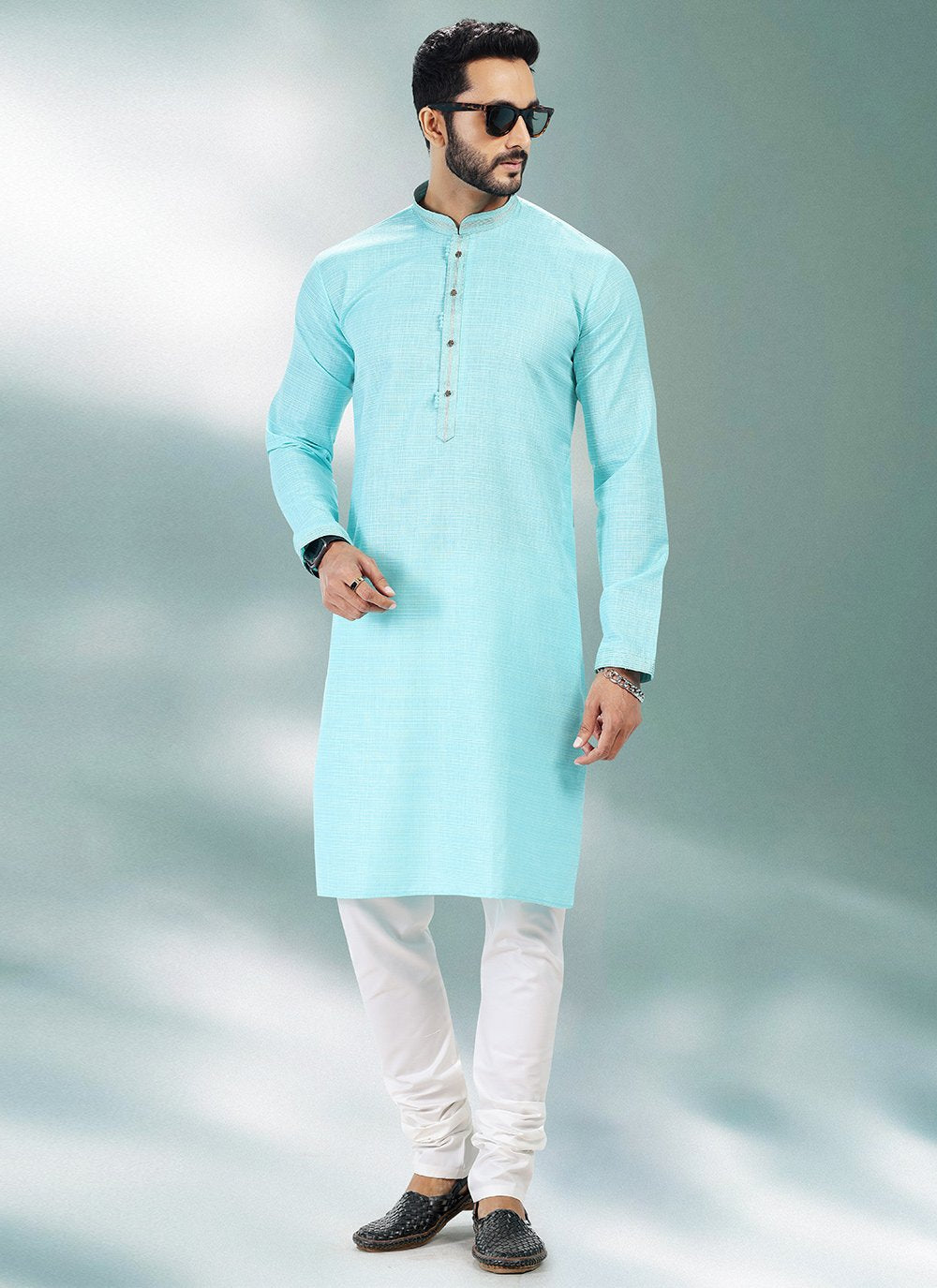 Kurta Pyjama Cotton Linen Turquoise Plain Mens