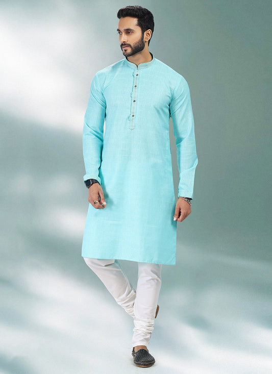 Kurta Pyjama Cotton Linen Turquoise Plain Mens