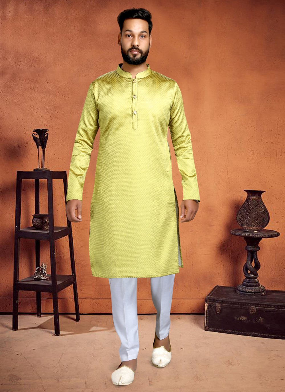 Kurta Pyjama Cotton Yellow Plain Mens