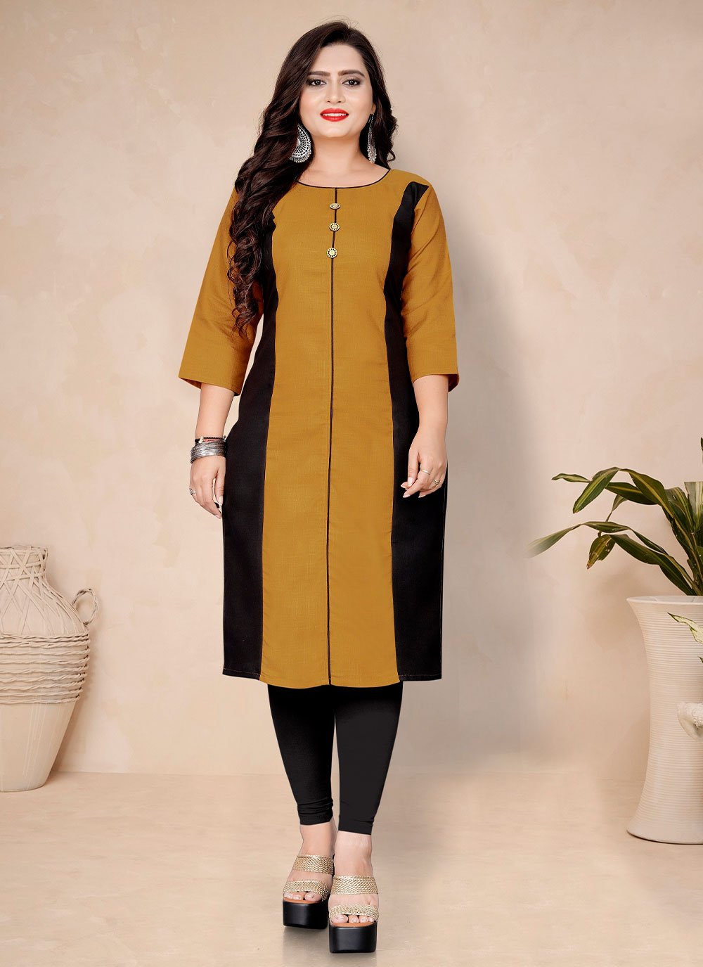 Designer Kurti Cotton Mustard Plain Kurtis