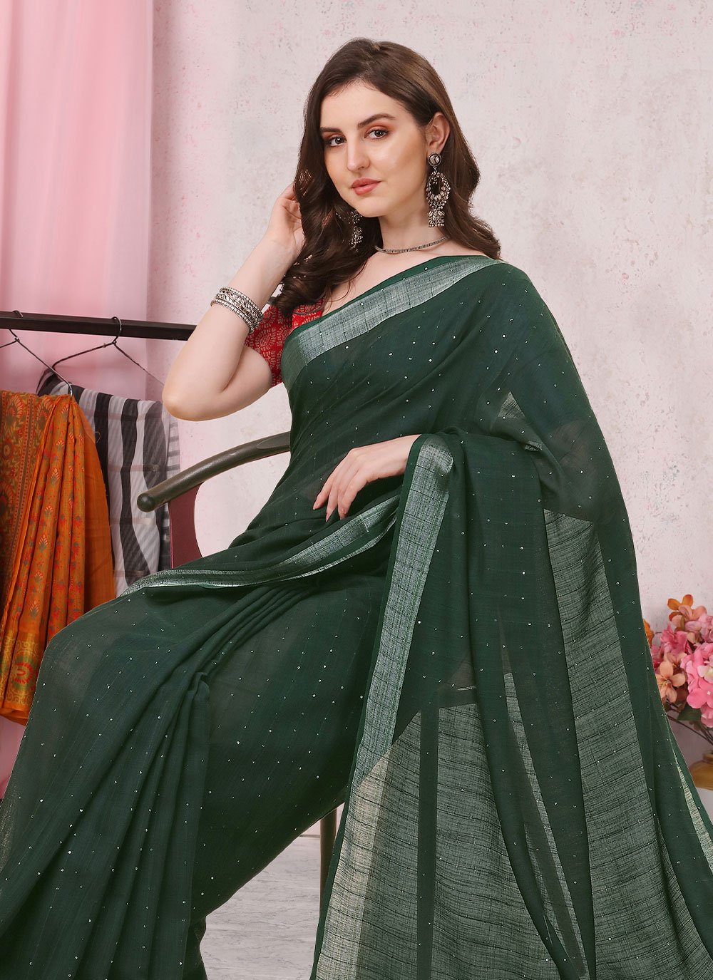 Classic Cotton Green Plain Saree