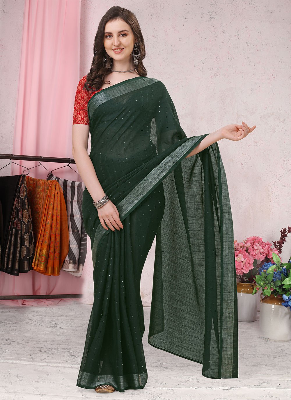 Classic Cotton Green Plain Saree