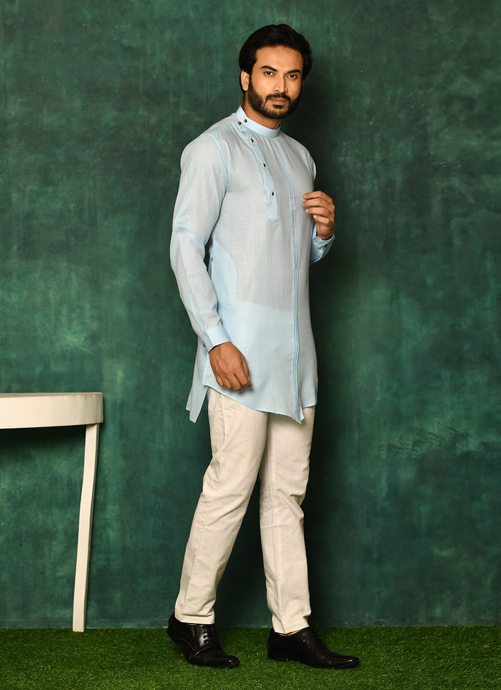 Short Kurta Cotton Aqua Blue Plain Mens