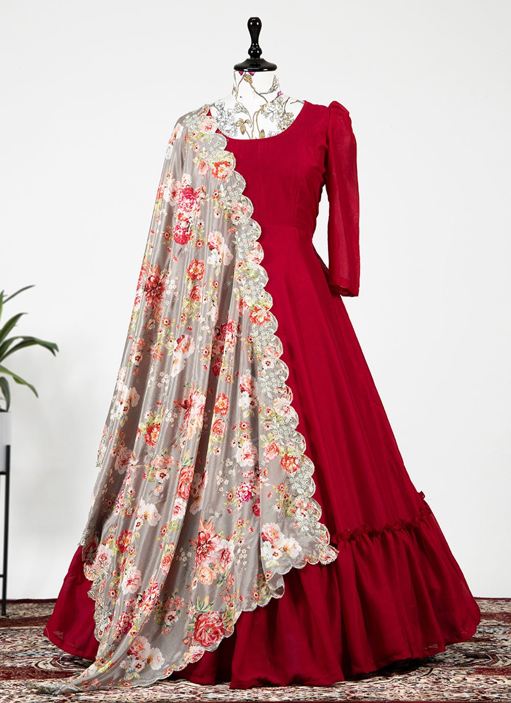 Designer Gown Vichitra Silk Red Plain Gown