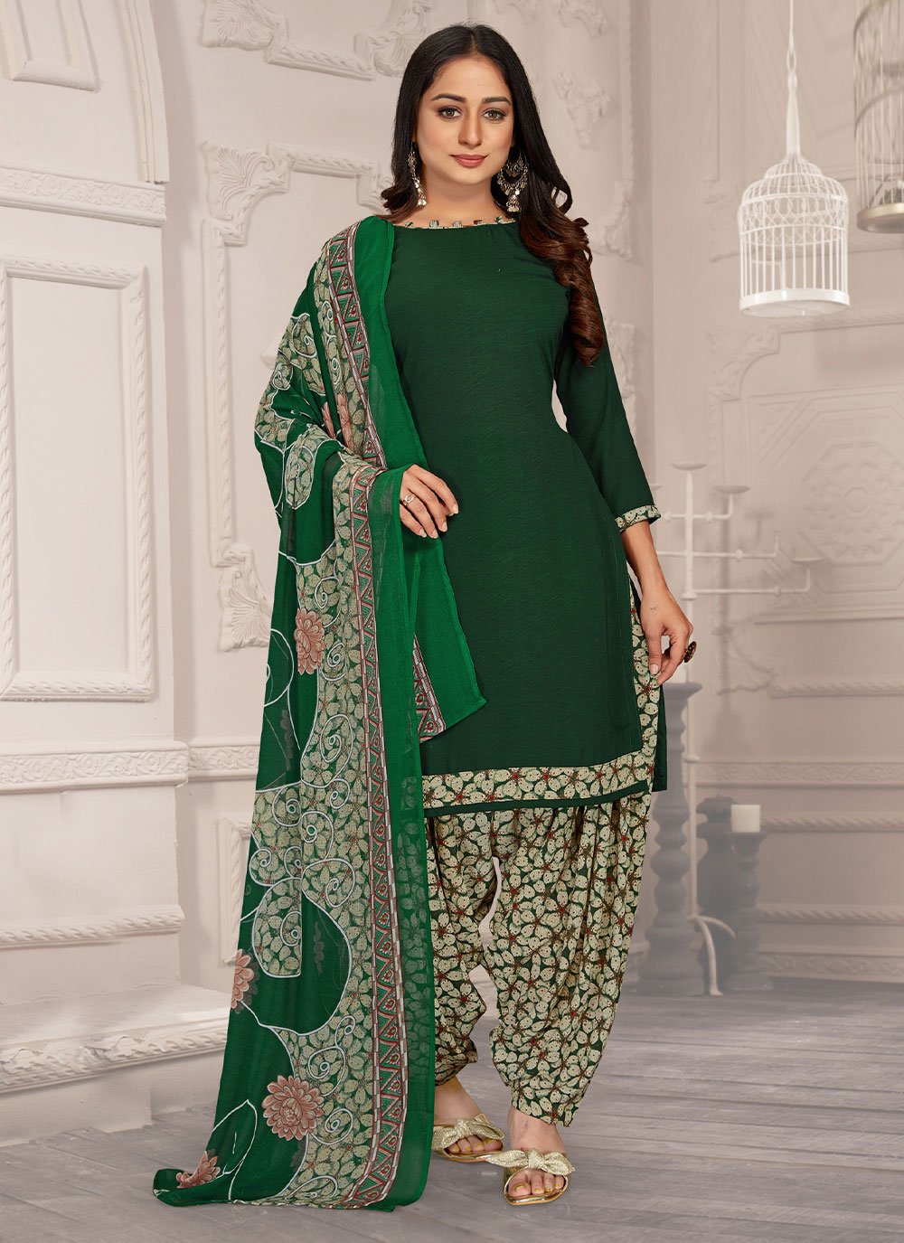 Salwar Suit Faux Crepe Green Plain Salwar Kameez