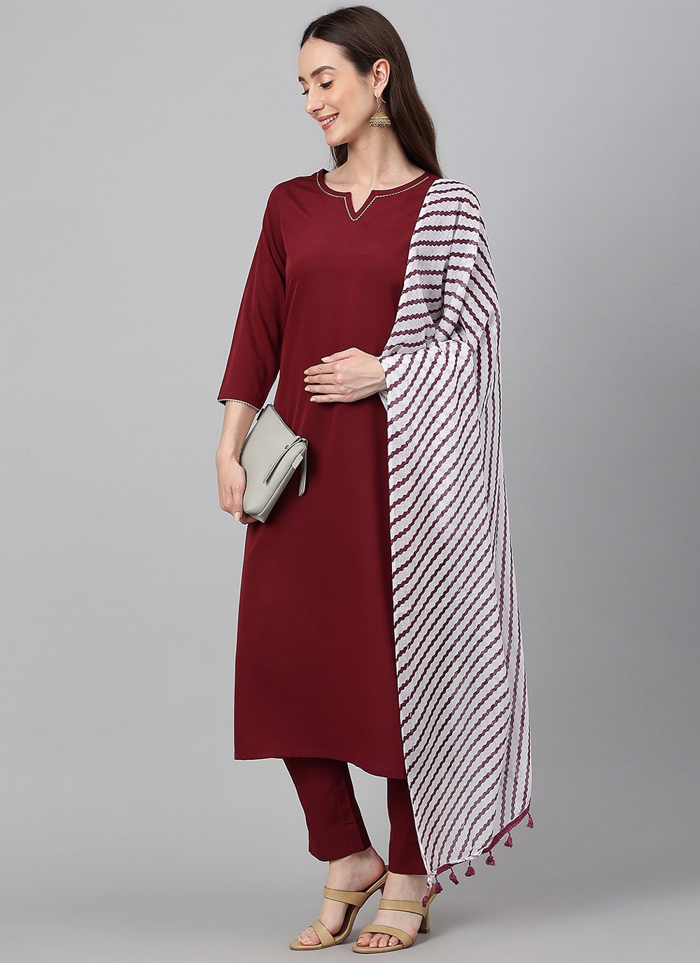 Straight Salwar Suit Faux Crepe Wine Plain Salwar Kameez