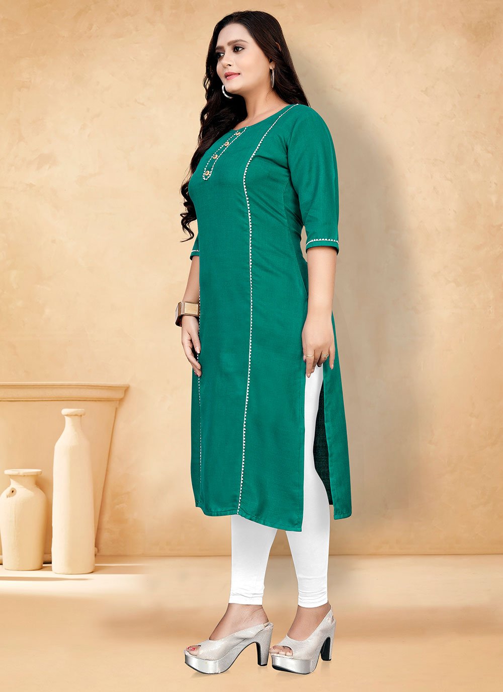 Party Wear Kurti Cotton Green Plain Kurtis