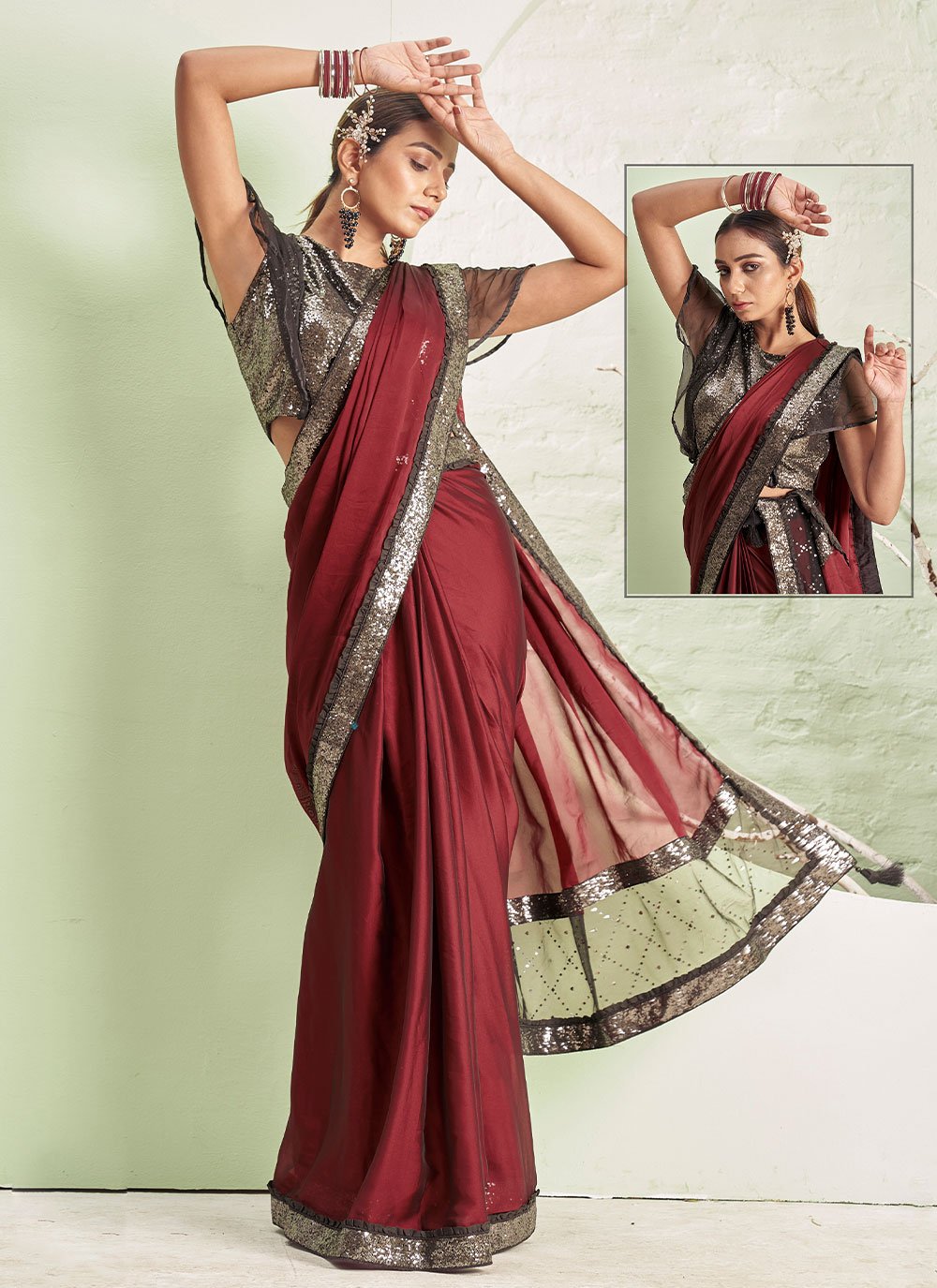 Contemporary Lycra Maroon Patch Border Saree