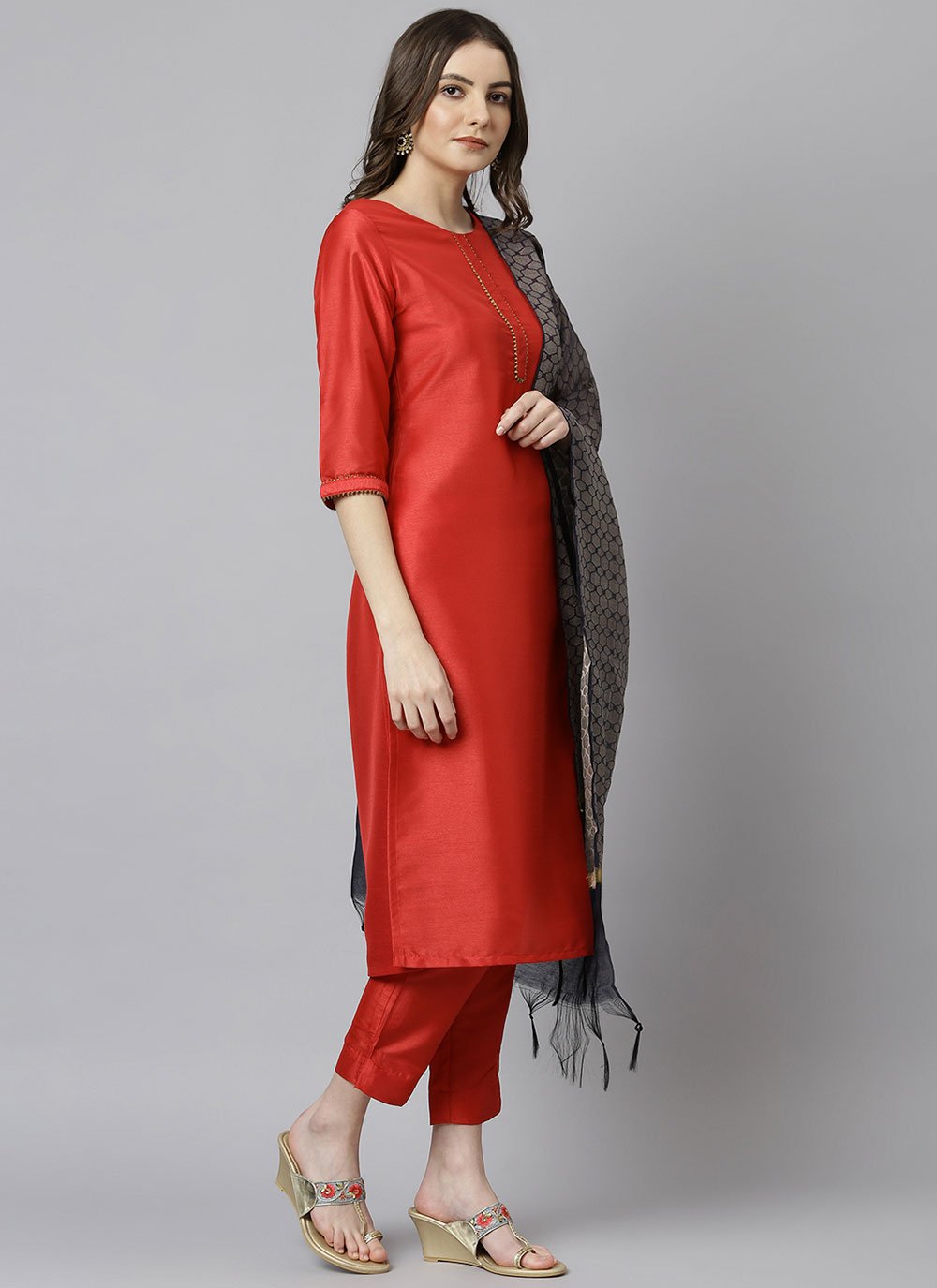 Salwar Suit Poly Silk Orange Plain Salwar Kameez