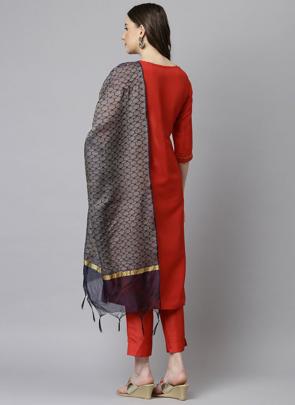 Salwar Suit Poly Silk Orange Plain Salwar Kameez