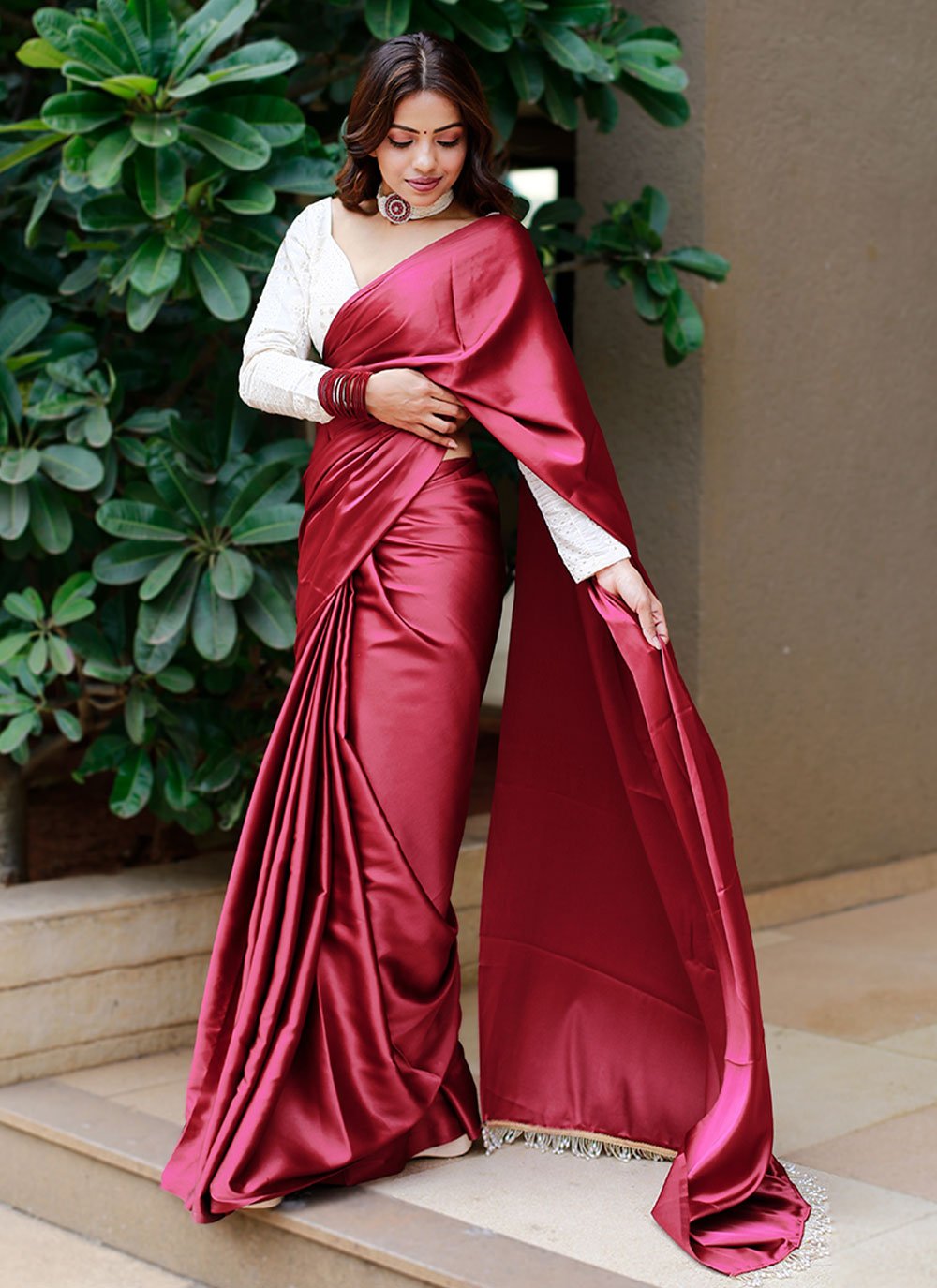 Classic Satin Maroon Plain Saree