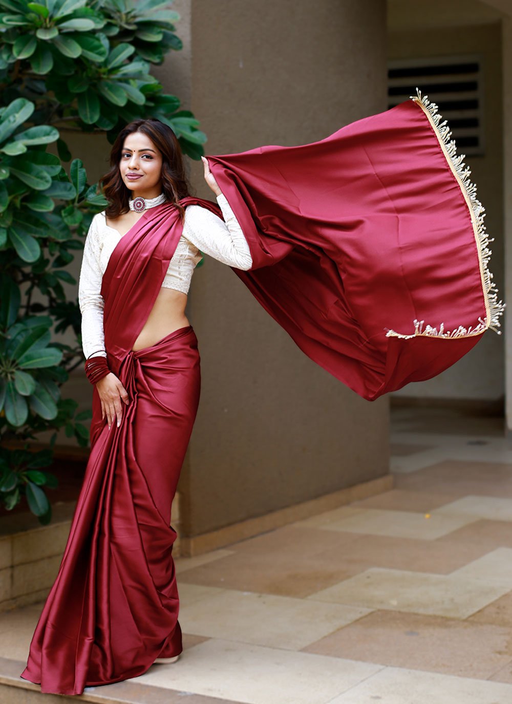 Classic Satin Maroon Plain Saree