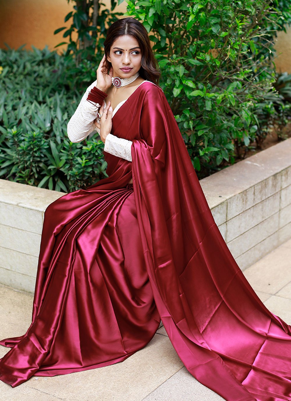 Classic Satin Maroon Plain Saree