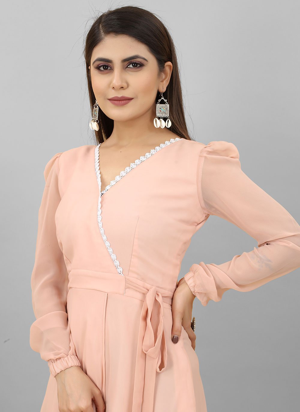 Designer Gown Georgette Peach Plain Gown