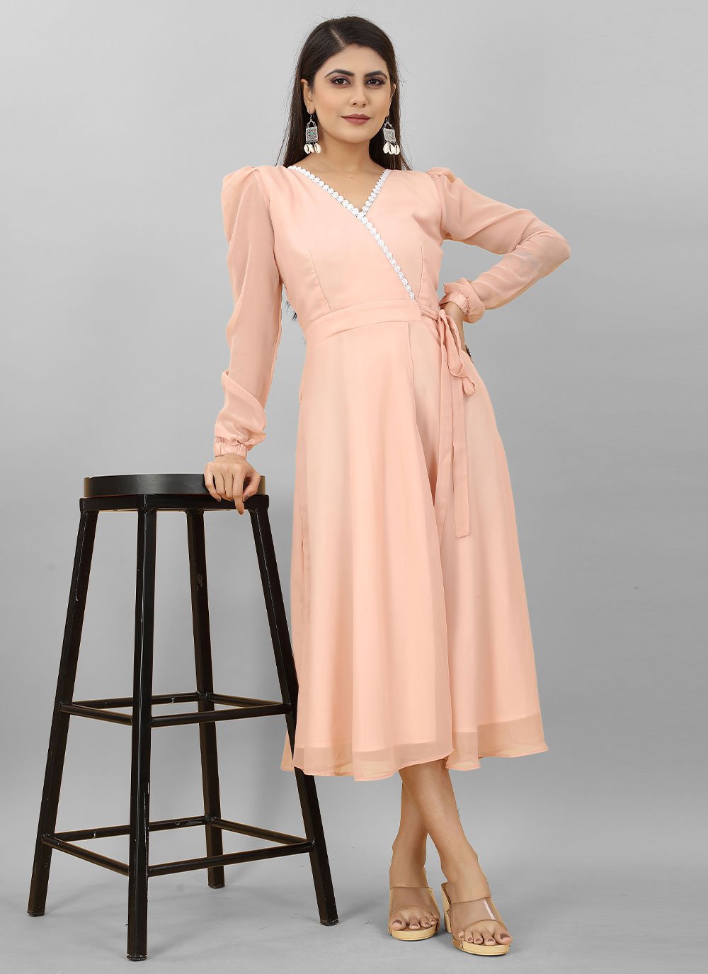 Designer Gown Georgette Peach Plain Gown