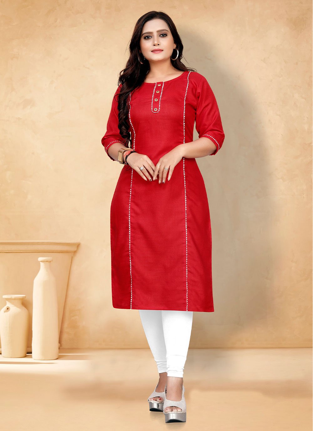 Casual Kurti Cotton Red Plain Kurtis