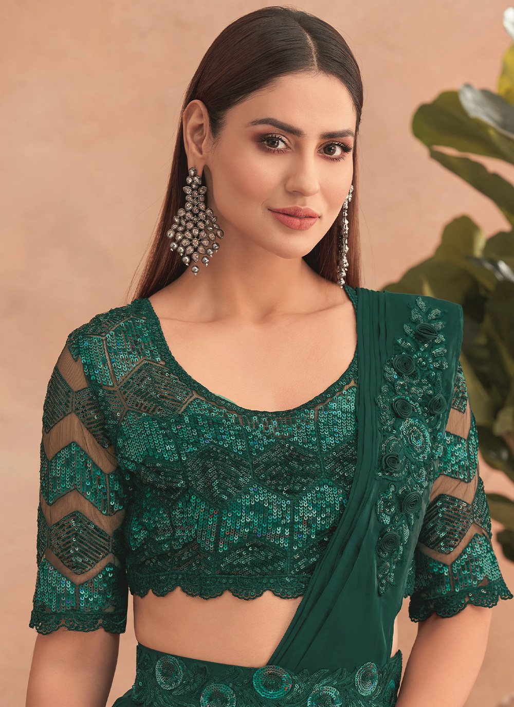 Ruffle Saree Net Green Embroidered Saree