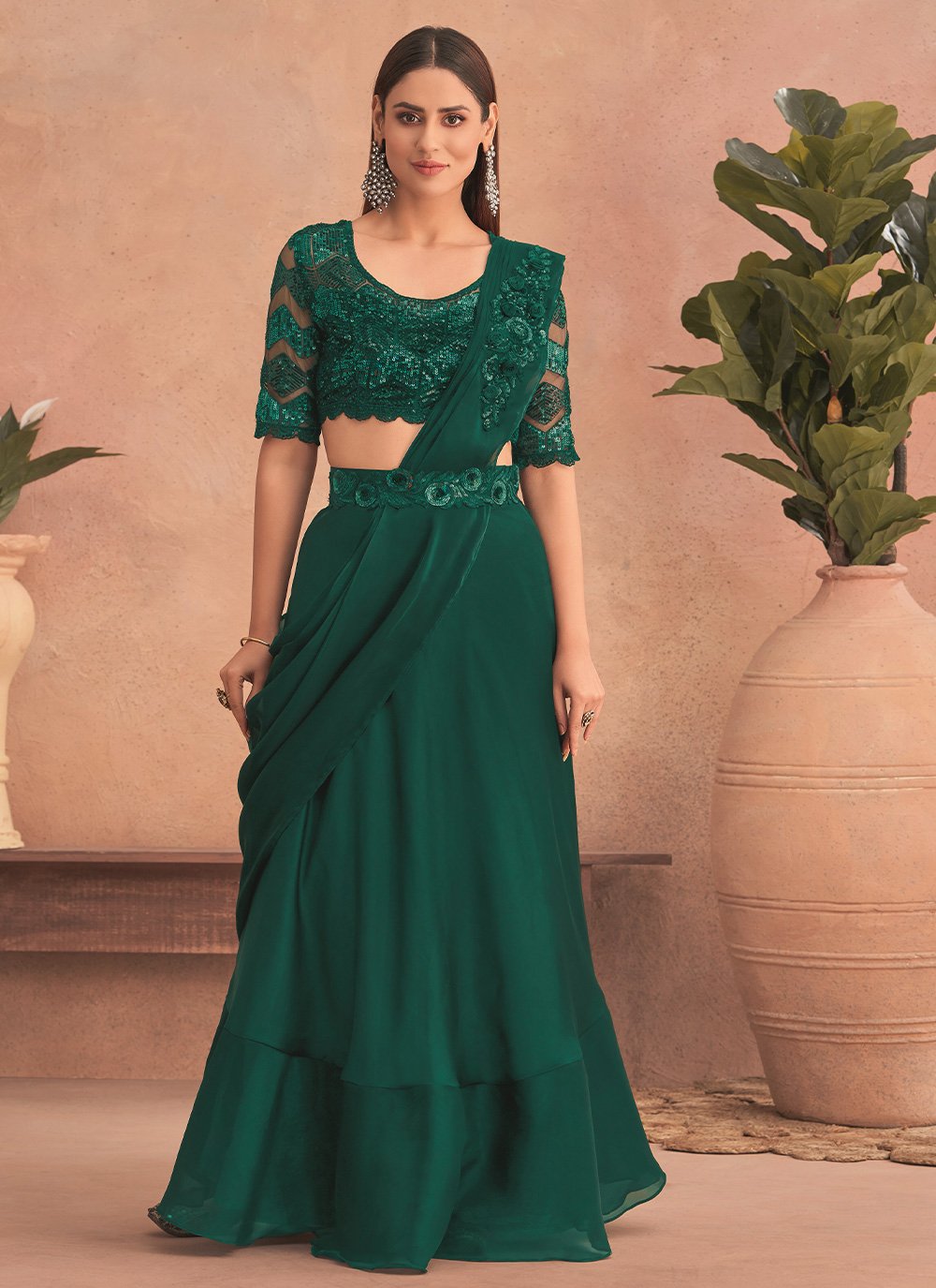 Ruffle Saree Net Green Embroidered Saree