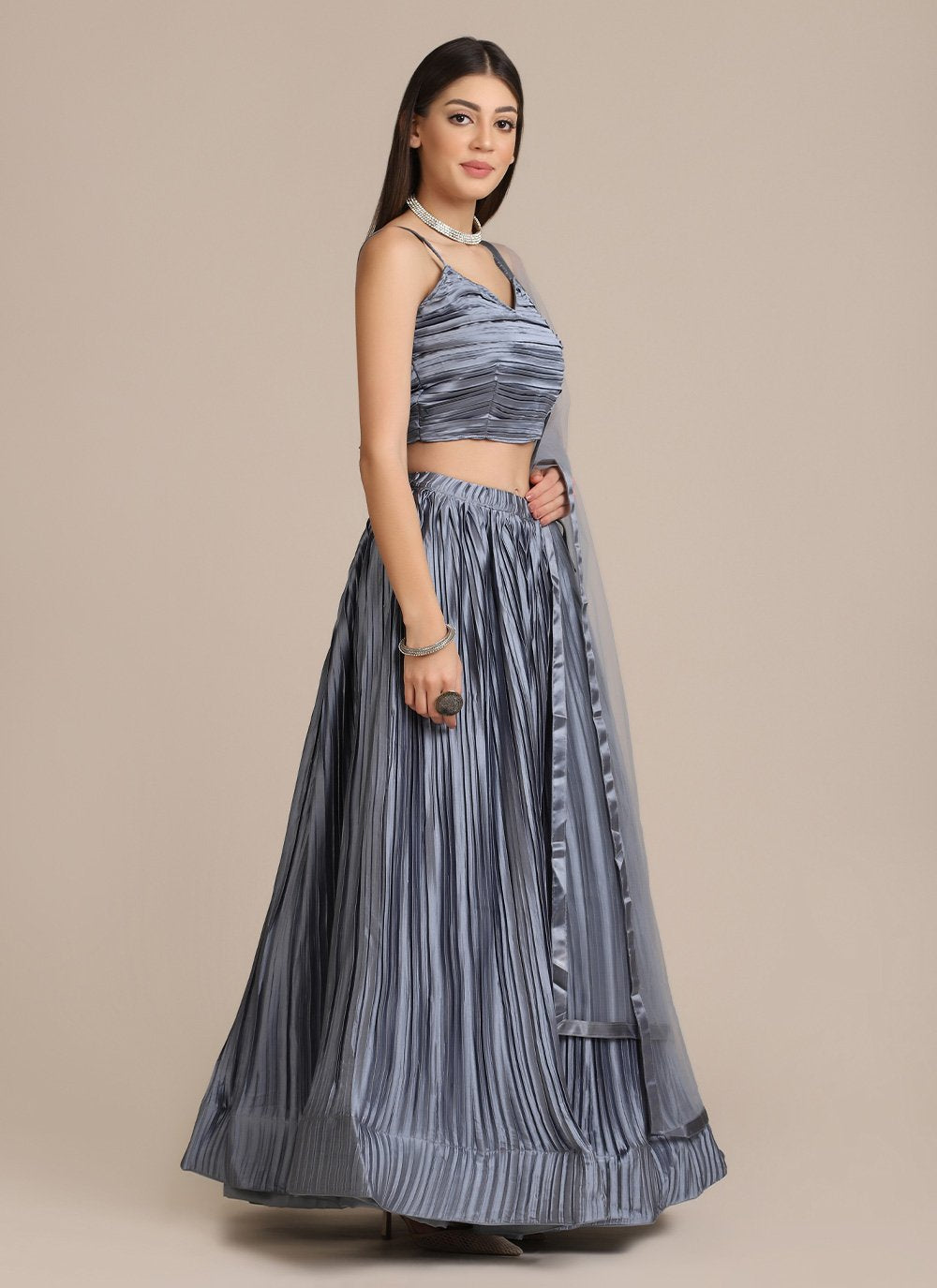 Lehenga Choli Satin Silk Grey Plain Lehenga Choli