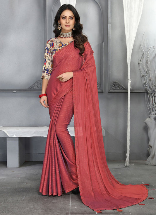 Contemporary Silk Red Plain Saree