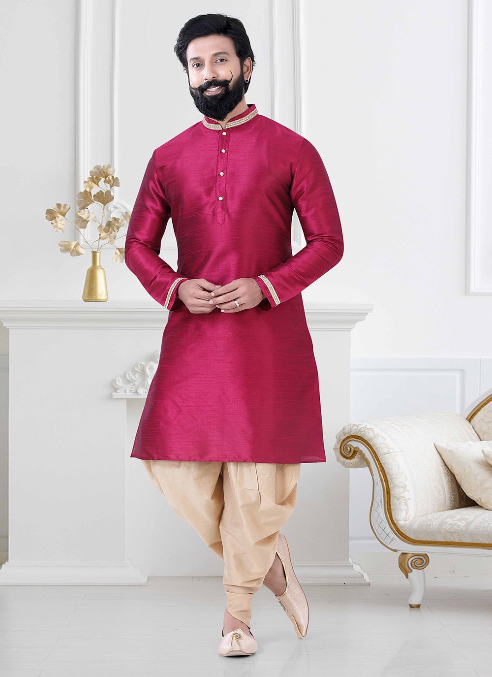 Dhoti Kurta Silk Red Plain Mens