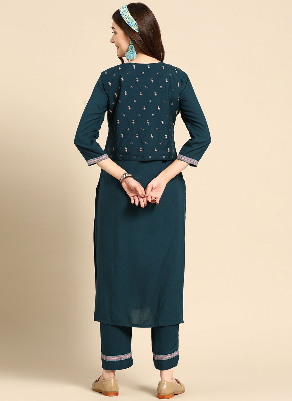 Party Wear Kurti Rayon Teal Plain Kurtis