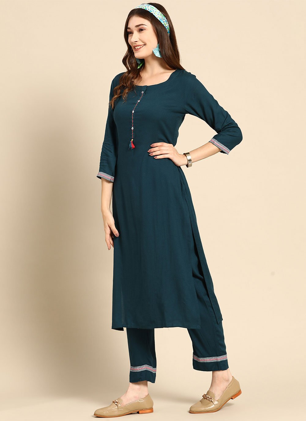 Party Wear Kurti Rayon Teal Plain Kurtis