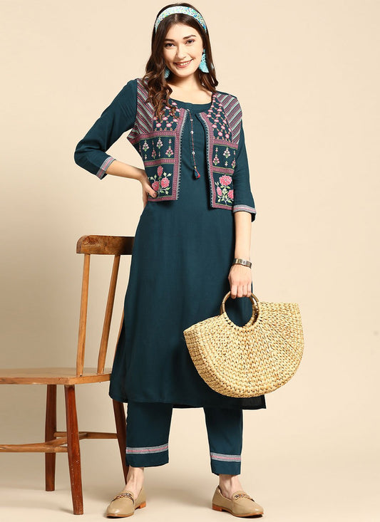 Party Wear Kurti Rayon Teal Plain Kurtis