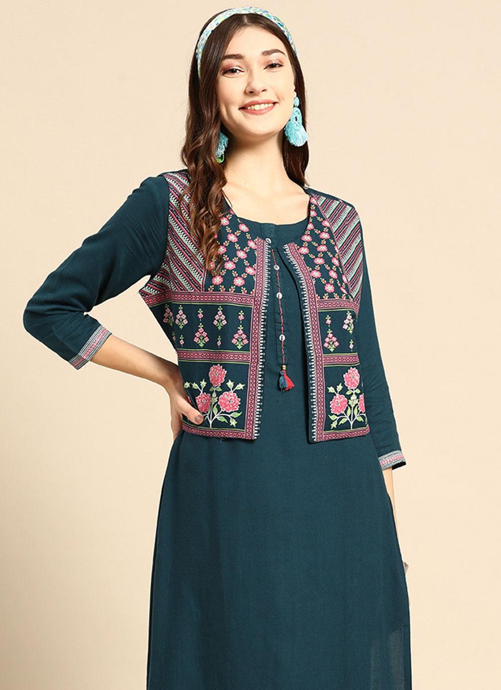 Party Wear Kurti Rayon Teal Plain Kurtis