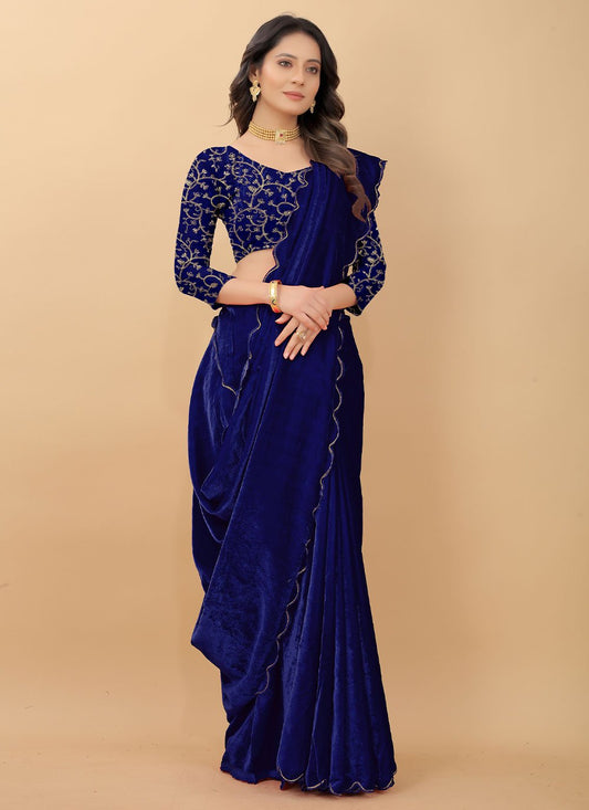 Contemporary Velvet Blue Embroidered Saree