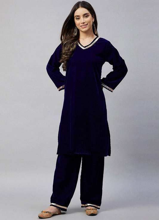 Party Wear Kurti Velvet Blue Plain Kurtis