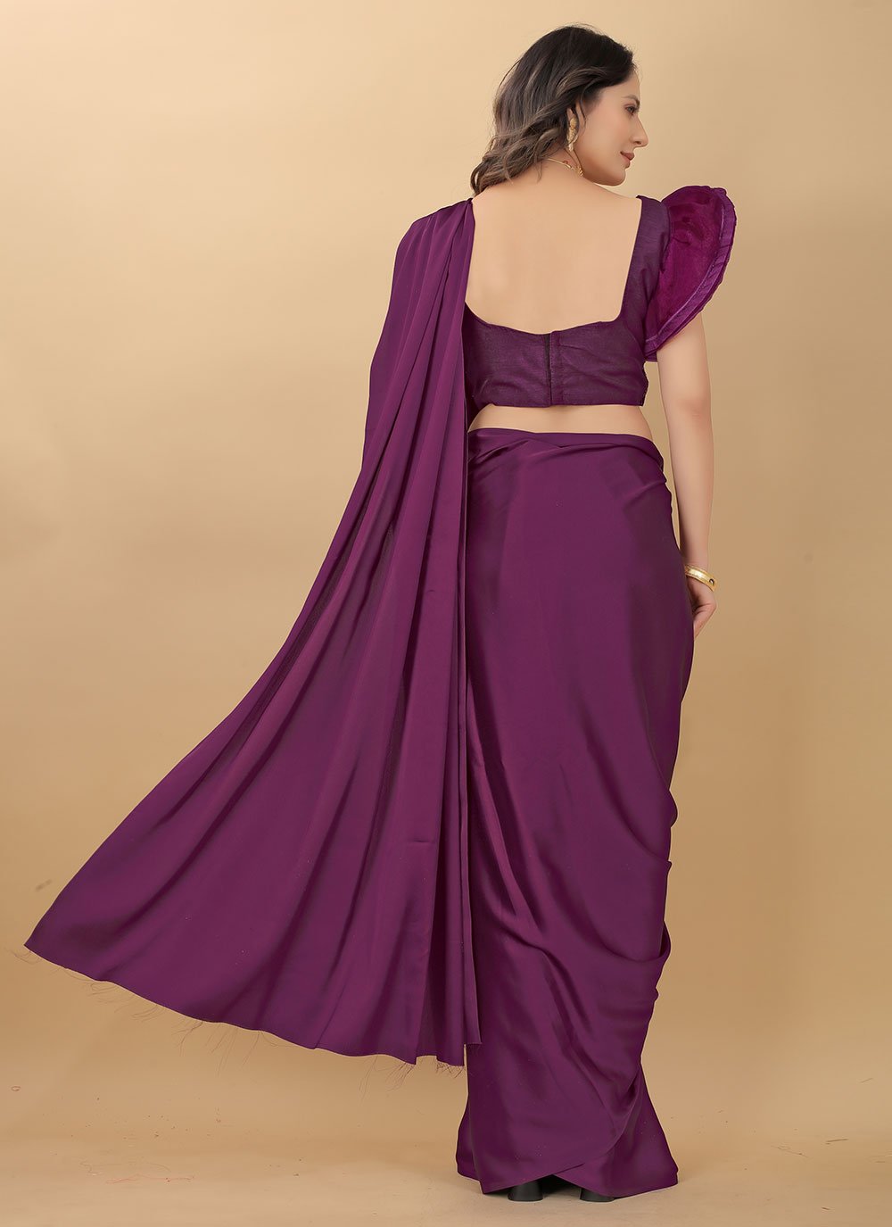 Classic Satin Silk Wine Plain Saree