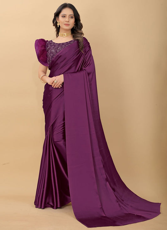 Classic Satin Silk Wine Plain Saree